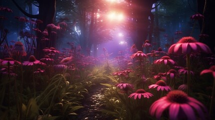 A surreal Echinacea garden in a mystical forest, where the flowers emit a supernatural, radiant...