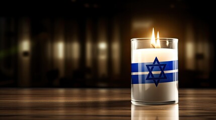 a burning candle set against the backdrop of the Israel flag, in observance of International Holocaust Remembrance Day.