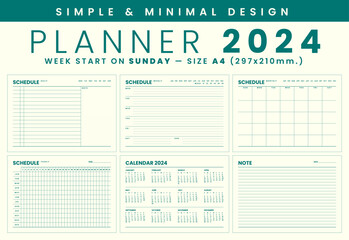 2024 Monthly planner template simple and minimal design, start week on sunday, size A4 - obrazy, fototapety, plakaty