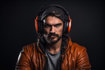 Obraz premium Beauty photo of a 30-year-old European man wearing wireless headphones listening to relaxing music, dark background.