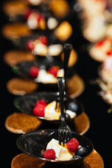 A pleasant evening with a delicious appetizer, a buffet table with appetizers and a set of canap s with ham, bruschetta, pear, cheese, raspberries and other sweets.