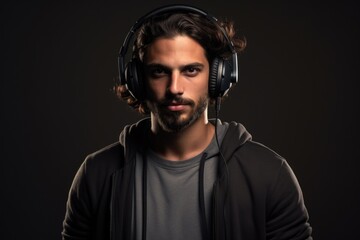 Obraz premium Beauty photo of a 30-year-old European man wearing wireless headphones listening to relaxing music, dark background.