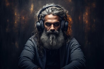 Beauty photo of a 30-year-old European man wearing wireless headphones listening to relaxing music,...