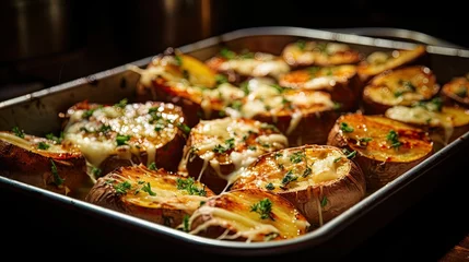 Foto op Plexiglas homemade roasted Jerusalem artichoke sunchokes with a generous sprinkle of melted cheese and aromatic garlic. © lililia