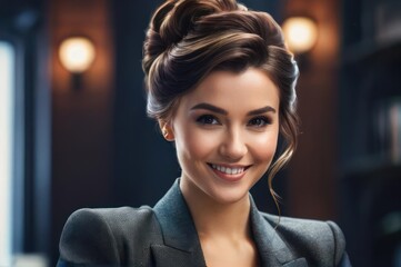 Portrait of attractive cheerful brown updo haired girl leader partner top director startup developer in modern office. Close up of smiling young adult girl with blurred open space background.