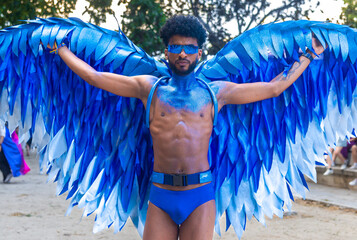 Black blue winged standing outdoors during LGBT pride event