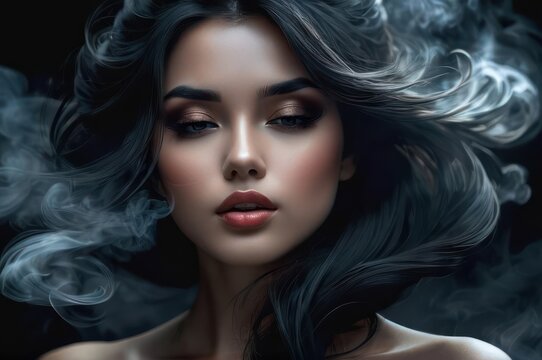 A close up of a stylish woman with black hair and smoke cloud, sensual expressive lips, beautiful witch with long hair, black tint, painting of coal mines. Fashion scent, fresh odour