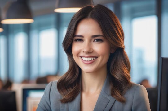 Portrait of attractive cheerful brown lob haired girl leader partner top director startup developer in modern office. Close up of smiling young adult girl with blurred open space background.