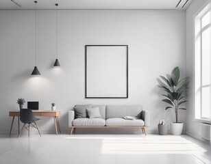 interior of modern living room with sofa and wooden floor. 3D illustration interior of modern living room with sofa and wooden floor. 3D illustration white modern room with a large poster on the wall,