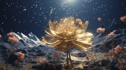 A surreal landscape featuring a golden peony floating in a sea of stars, in high-resolution 8K,...