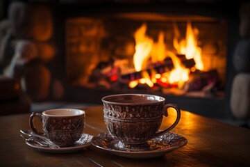 Fototapeta premium A cozy living room with a crackling fire in the fireplace and a cup of hot cocoa on the table.
