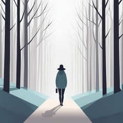 man with hat and backpack walking in the forest at sunset vector illustration of a man walking in the forest with a path in the middle of a pine tree. vector illustration. man walking through autumn f