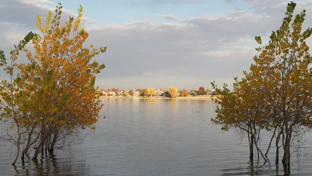 fall sunset scenery in Boyd Lake State Park in Loveland, Colorado with a light breeze