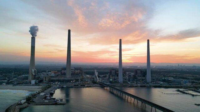 Top view footage The largest water desalination facility in the world at sunrise, Hadera Israe