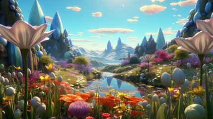 A surreal landscape featuring Dreamshade Daffodils of all colors, shapes, and sizes, creating a...