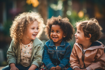 Kids in various ethnicity laughing and posing outside in group of three outdoors. - obrazy, fototapety, plakaty