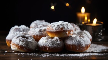 delectable Hanukkah doughnuts filled with sweet jelly and dusted with sugar powder, artfully arranged on a grey wooden table. Plenty of space on the left for your message.
