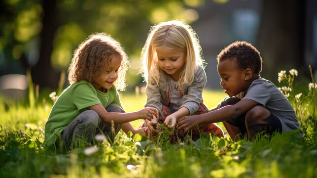 Three children are playing in a grassy area with weed.