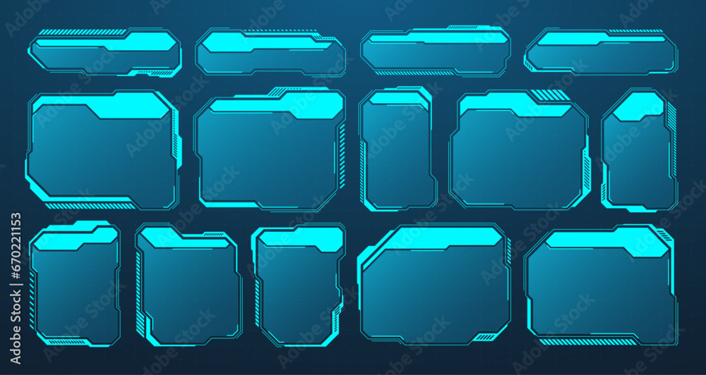 Poster Blue futuristic HUD or UI elements. Sci-fi user interface text boxes, callouts. Warning message frames, information boxes template. Modern game interface layout in digital style. Vector illustration