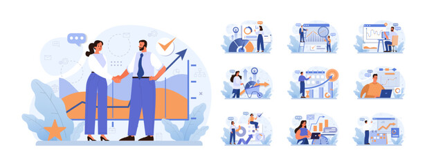 Business processes optimization set. Productive employee analyzing marketing and management data. Performance tracking, business development and growth. Flat vector illustration