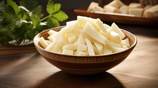 a bowl filled with fresh jicama slices, showcasing their crispness and natural appeal, a generous space on the left for informative text.