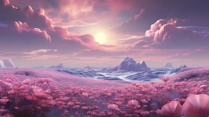 Fotobehang A surreal landscape where Ethereal Eustoma flowers bloom on a vibrant, otherworldly meadow under a sky filled with iridescent clouds. © Anmol