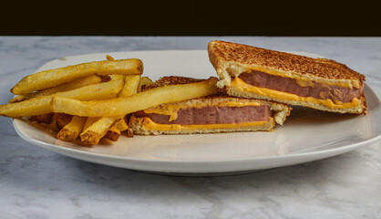 spam and cheese melty sandwich with  french fries,