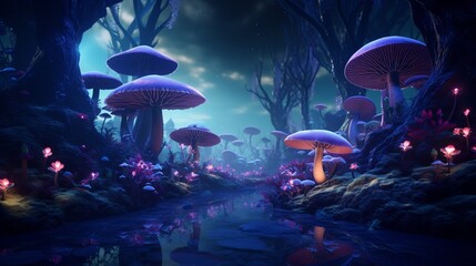 A surreal landscape with giant, glowing mushrooms that light up the night, creating a whimsical and...