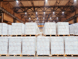 Rows of film packed boxes at warehouse