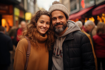 portrait of cheerful couple on crowded street with holiday lights