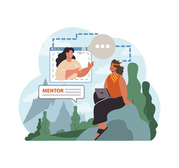 Solo travel, honeymoon on a retreat resort. Female character doing spiritual therapy with a mentor. Mindfulness and relaxation practice. Flat vector illustration