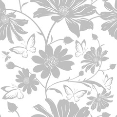 Pattern with thin curl lines and stylized leaves hand drawing. Not AI, Illustrat3. Monochrome abstract floral linear texture. Seamless vector gray with butterflies design.