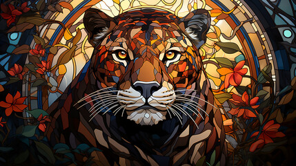 Illustration in stained glass style with tiger wildlife .