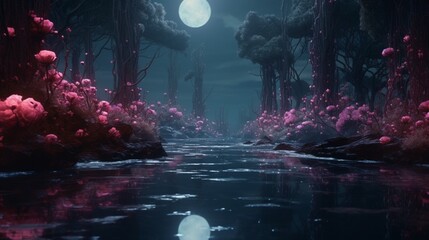 A surreal Midnight Moss Rose landscape with mirrored reflections in a tranquil pond, creating a...