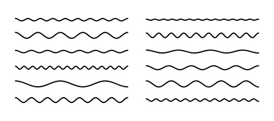 Set of wavy lines. Various horizontal wave lines isolated on white background. Collection of abstract underlines, wavy curve line for brushes. Geometric decoration element. Vector illustration - obrazy, fototapety, plakaty