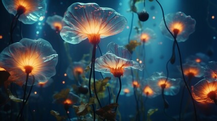 A surreal Nebula Nasturtium underwater scene with bioluminescent blooms lighting up the dark depths.