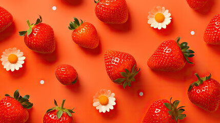 Strawberries and daisies on orange background, flat lay