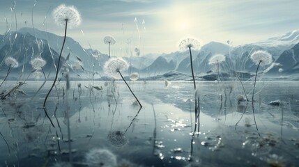 A surreal, otherworldly landscape featuring Diamond Dust Dandelions growing on a crystal-clear, icy lake, with the seeds reflecting like jewels.