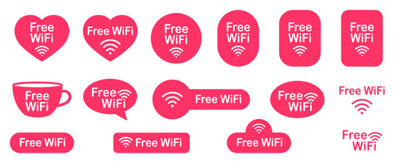 Free WiFi icons. Set of red stickers. Free Wi-Fi zone. Speech bubble, coffee cup, heart. Public internet	