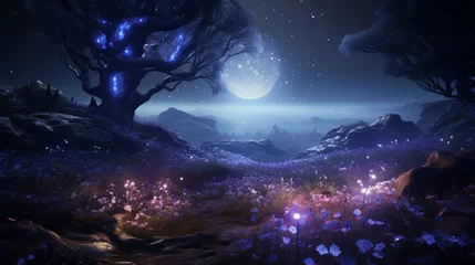 Fotobehang A surreal, starlit night in the Bluebell of Eden, where the flowers emit an otherworldly glow. © Anmol