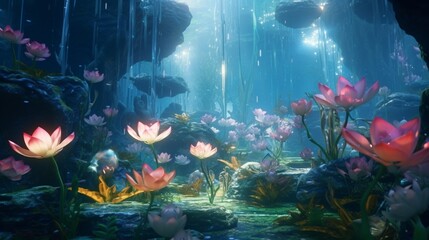 A surreal underwater garden with Opal Lotuses swaying gracefully in the crystal-clear depths, creating a dreamlike atmosphere.
