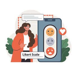 Public opinion polling. Female character participation in an online survey. Assessing woman impression of services. Opinion questionnaire form. Flat vector illustration