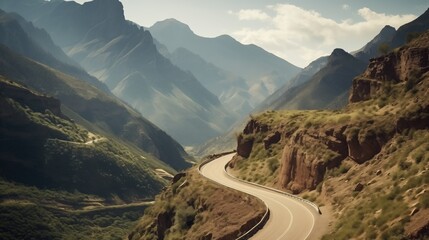 A winding mountain road with sharp curves, steep inclines, and rugged cliffs. Towering peaks and...