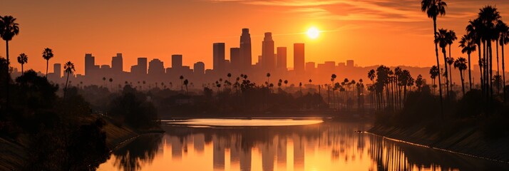 peaceful sunset over california, urban jungle skyline with skyscrapers - obrazy, fototapety, plakaty
