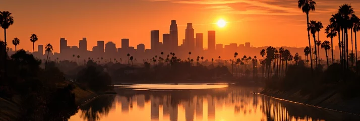 Fotobehang peaceful sunset over california, urban jungle skyline with skyscrapers © Riverland Studio