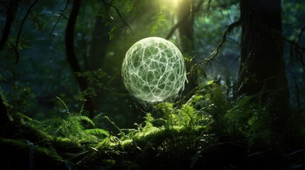Obraz na płótnie Canvas A suspended mystical orb glows amidst a dense forest with vibrant green foliage. Delicate webs and glowing tendrils form an intricate network of light, creating an enchanting and mysterious ambiance.