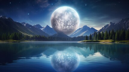 Moonlit lake with a floating, glowing orb emitting pale blue light. Serene landscape with sharp-focus, luminescent symbols adding an ancient, mystical feel
