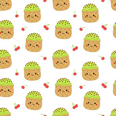 Cute green ice cream on seamless pattern. Squishmallow. Ice cream in wafer cup. Kawaii, Vector