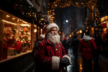 Obraz premium cheerful man, Santa Claus is wishing merry Christmas to all on crowded winter street, standing in front of the decorated store