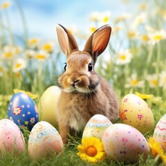 Adorable bunny with Easter colorful eggs on a green meadow